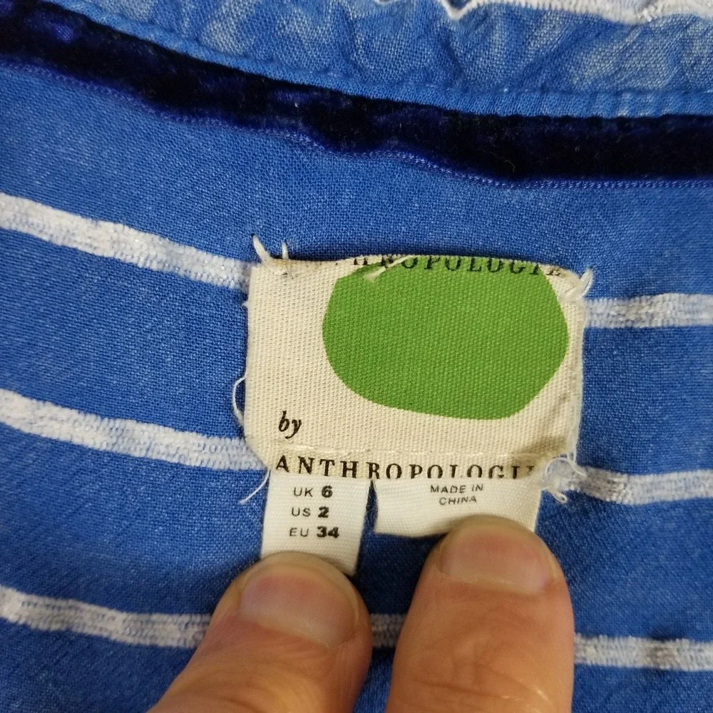 Anthropologie Striped Blouse Womens Size 2 Blue Linen Blend Puff Sleeve V-Neck